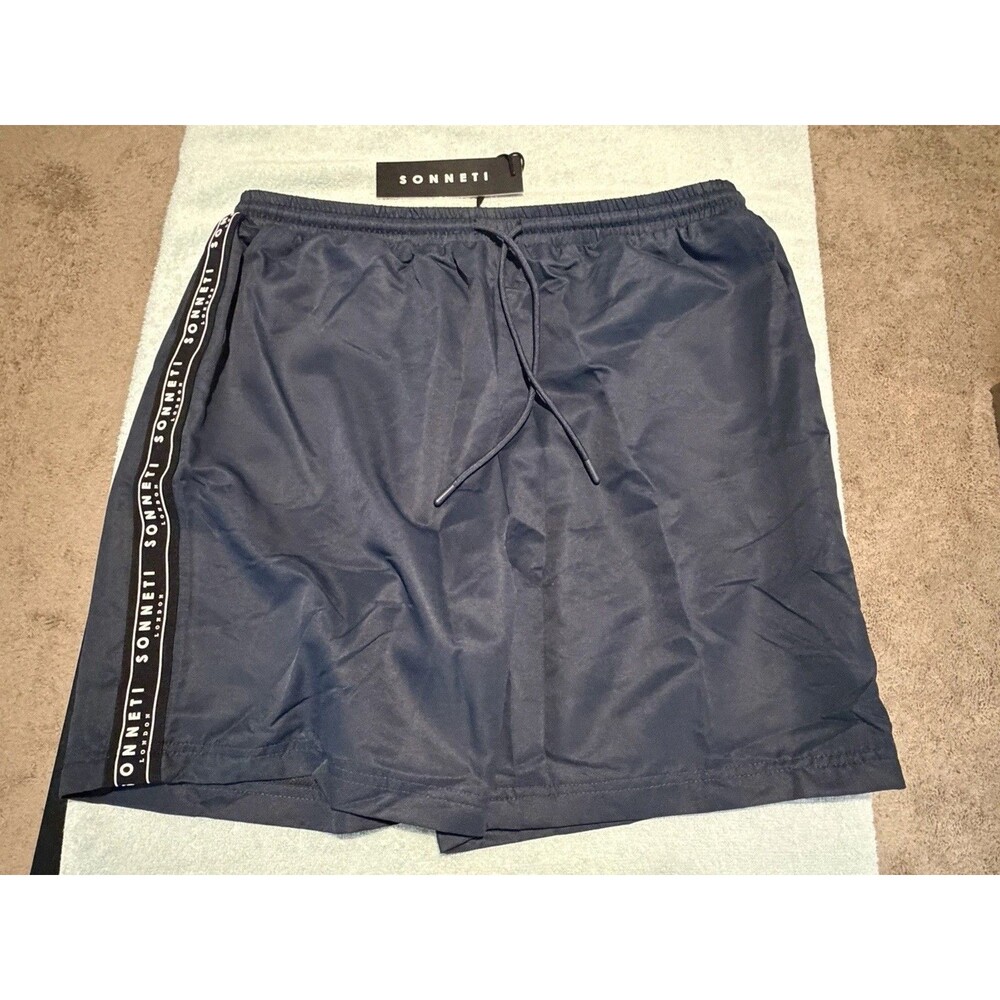 Sonneti London Mens Swim Trunks 2XL Navy Logo Tape Drawstring Shorts NWT